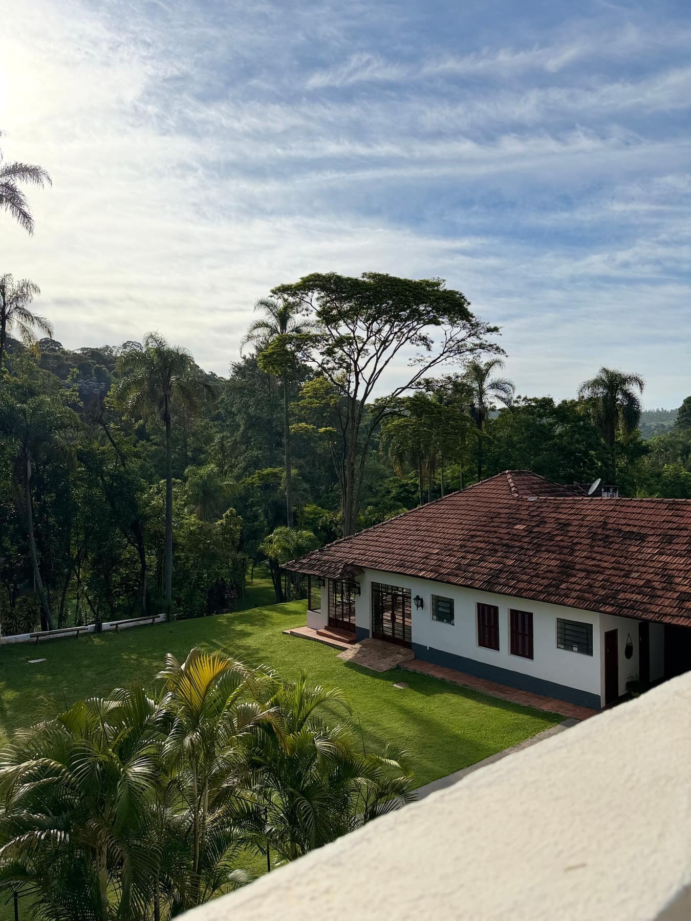 Vista alta do casarão da Fazenda Moinho e da mata ao redor